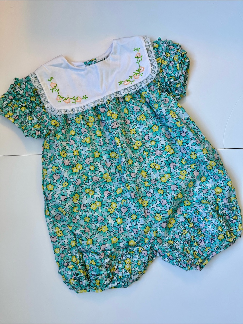 3T Vintage ICZ Floral ruffle Bubble Romper with Embroidered White Yoke.